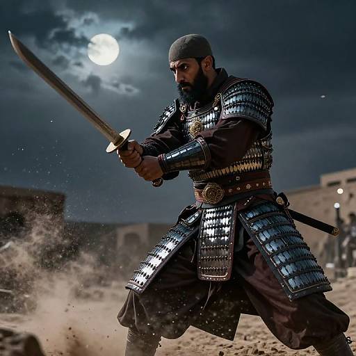 Photograph of a bearded, muscular, dark-skinned samurai with black armor, gripping a sword, under a moonlit, cloudy night sky