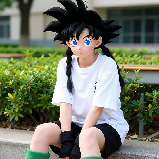 Digital artwork of a young anime boy with spiky black hair, blue eyes, white t-shirt, black shorts, black gloves, green socks, sitting