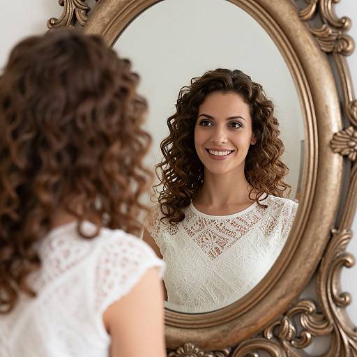 Photograph of a smiling woman with curly brown hair, wearing a white lace dress, reflected in an ornate, oval, gold-framed mirror.