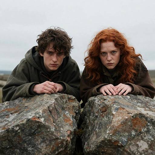 Two People in Rugged Cloaks Leaning on Rocks