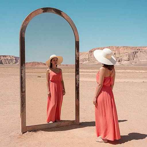 Photograph of a woman in a flowing red dress and white sunhat, standing in a desert, reflecting in an arched mirror. Clear blue sky
