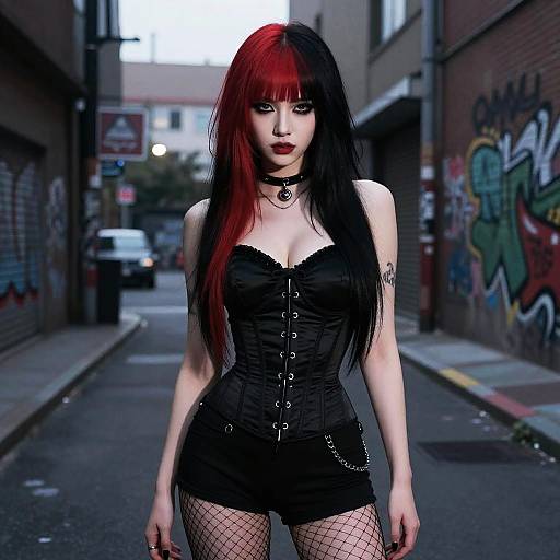 Gothic Red Bangs in Urban Alley