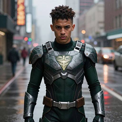 Photograph of a young, curly-haired man in dark, metallic superhero armor with a gold emblem, standing on a rainy city street.