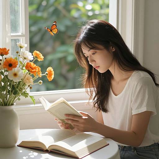 Photograph of a young Asian woman with long black hair, wearing a white t-shirt, reading a book by a sunlit window. Orange flowers in