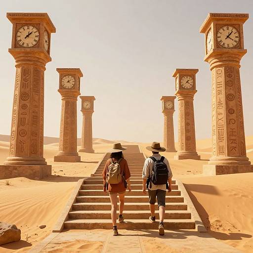 Photograph of two hikers in desert, wearing hats, backpacks, walking up stone steps flanked by four ancient, clock-faced pillars.