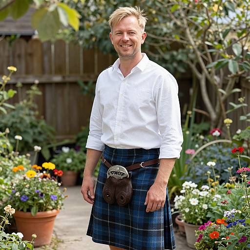 Smiling Man in Blue Plaid Kilt