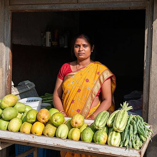 Photograph of a serious Indian woman in a yellow saree with red blouse, standing behind a wooden stall displaying green and yellow mangoes, and un