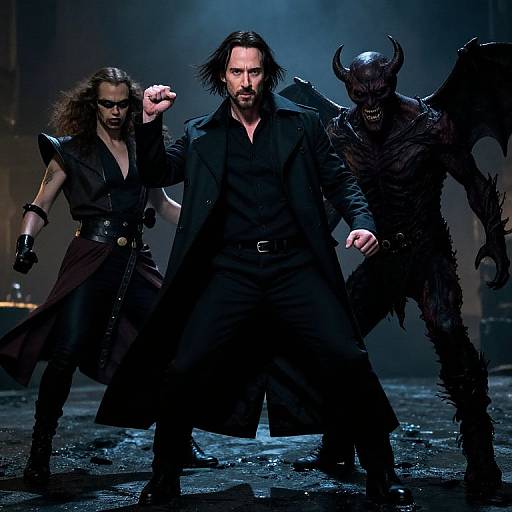 Photograph of a dark, intense scene featuring a bearded man in black, flanked by a fierce woman and a demonic creature with horns and wings