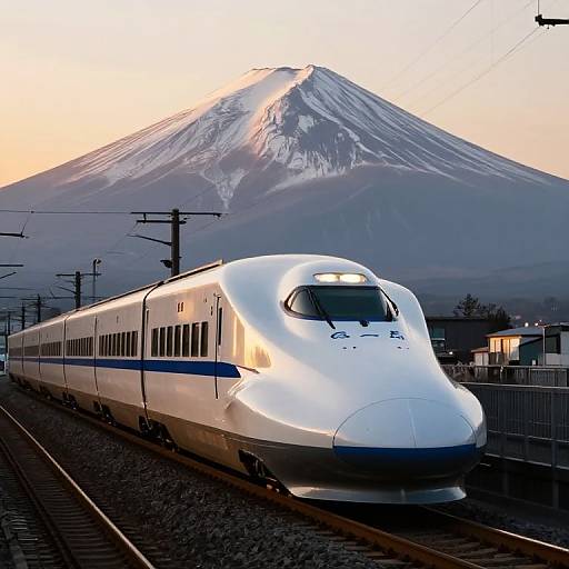 Photograph of a sleek white Shinkansen bullet train on tracks, with Mount Fuji's snow-capped peak in the background at sunset.