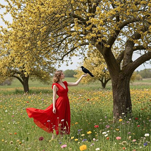 Photograph of a woman in a flowing red dress reaching for a black bird under a blooming yellow tree in a colorful meadow.