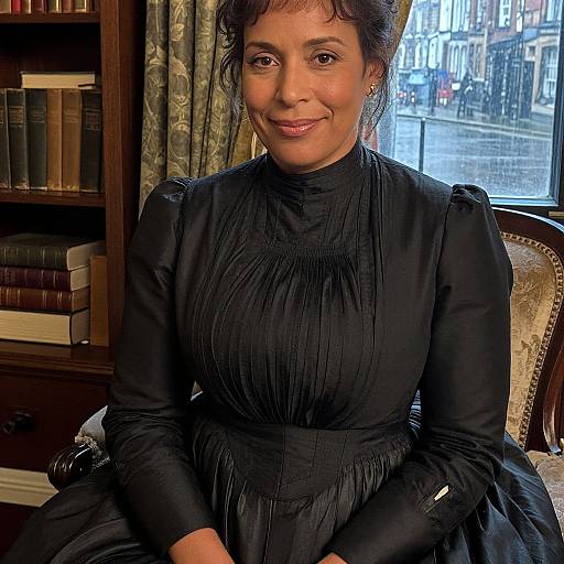 Photograph of a smiling middle-aged South Asian woman with dark hair, wearing a black, high-collared, long-sleeved dress, seated