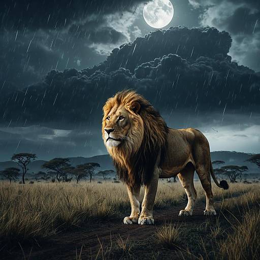 Majestic Lion in Stormy Savanna Night