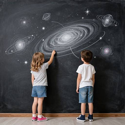 Photograph of two children, a girl with wavy brown hair and a boy with short dark hair, drawing galaxies and stars on a black chalkboard