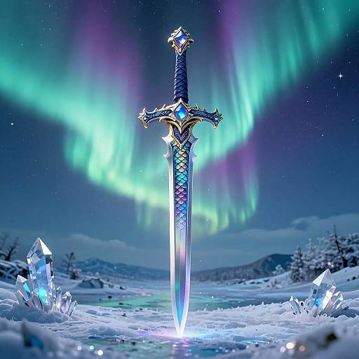 Photorealistic digital artwork of a glowing, ornate sword with blue gem inlays, standing in snow under vibrant green and purple auroras.