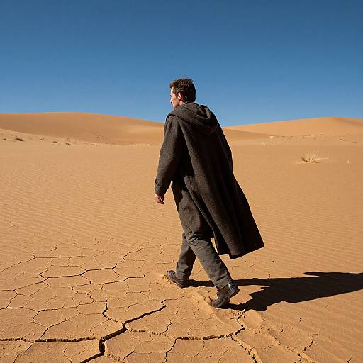 Photograph of a man in a long black coat walking across a cracked, golden desert under a vivid blue sky.