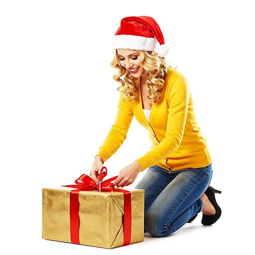 Festive Woman Opening Gold Gift Box