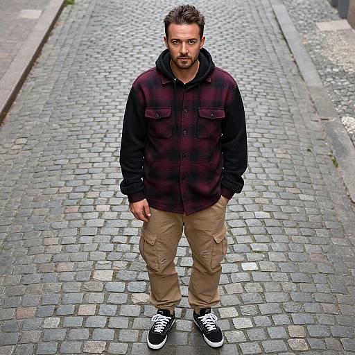 Photograph of a bearded man with short dark hair, wearing a black and maroon plaid jacket, beige cargo pants, and black and white