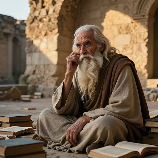 Photograph of an elderly, white-bearded man with long white hair, sitting among scattered books in a sunlit, ancient stone ruin. He wears