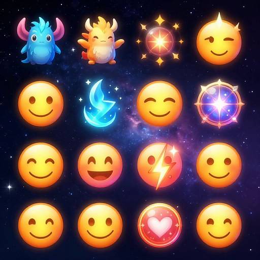 Digital illustration of 12 glowing, yellow smiley faces with various fantasy elements: blue creature, horned creature, star, sun, fire, moon
