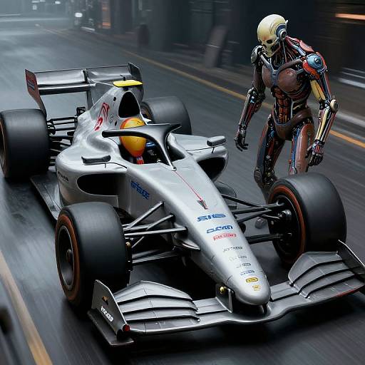 Photorealistic CGI: Silver Formula 1 race car with red accents and a yellow helmet speeds down a rainy city street, pursued by a cybernet