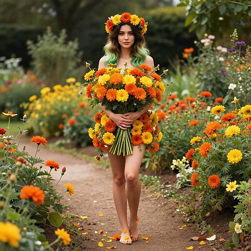 Photograph of a green-haired woman with a flower crown, nude, holding a bouquet of orange and yellow flowers in a vibrant garden path.