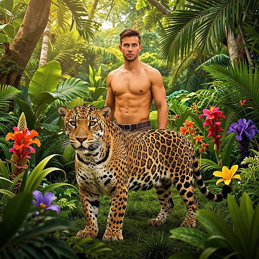 Man and Jaguar in Vibrant Jungle