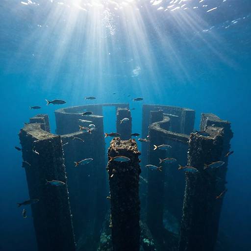 Underwater photograph of a sunlit, ancient stone structure surrounded by numerous small, silvery fish swimming amidst clear blue ocean water.