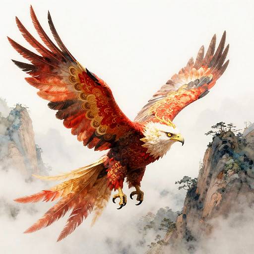 Regal Phoenix Rider Over Misty Peaks