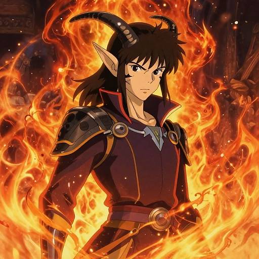Digital anime-style drawing of a determined, dark-haired demon character with horns, wearing dark armor and surrounded by intense orange flames.