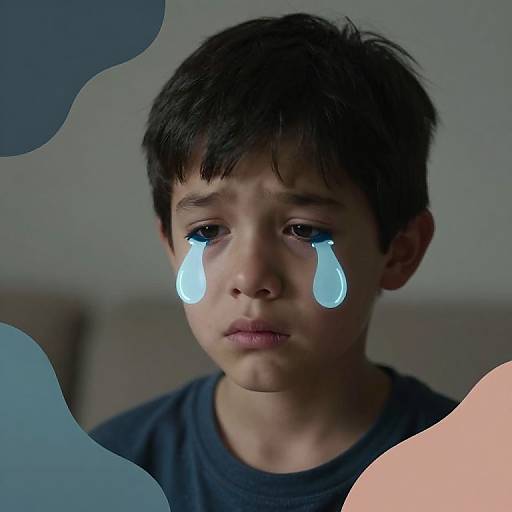 Photograph of a young boy with dark hair, tear-like blue lights on his cheeks, wearing a dark shirt, against a blurred gray background with blue