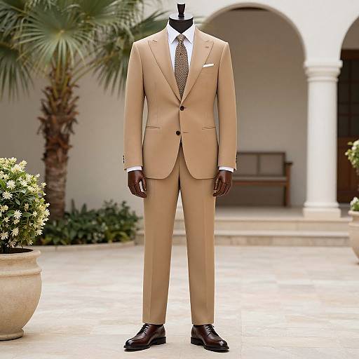 Luxury Tan Suit in Courtyard