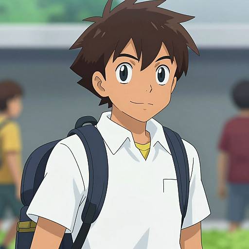 Digital anime-style drawing of a young boy with dark spiky hair, wearing a white shirt, yellow tee, and black backpack, smiling in a blurred