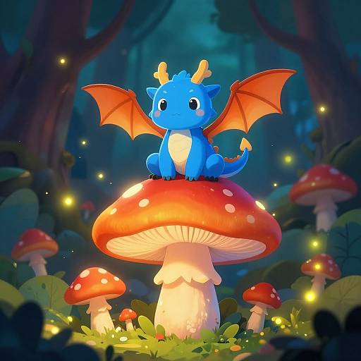 Cute blue dragon with red wings sits on a glowing red mushroom in a magical forest with glowing fireflies and mushrooms. Digital art.