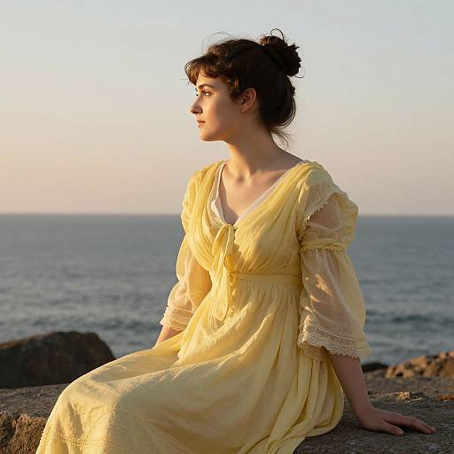 Photograph of a fair-skinned woman with dark hair in a bun, wearing a yellow, lace-trimmed dress, sitting on a rocky seaside