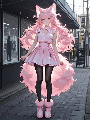 Pink Kawaii Girl with Fluffy Hair Accessories