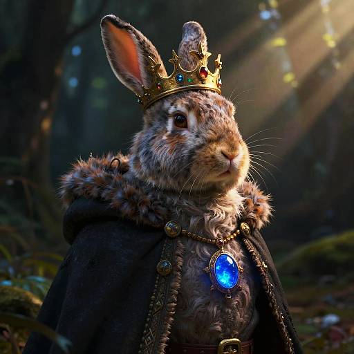 Photorealistic CGI of a regal rabbit with a gold crown and blue gemmed necklace, wearing a dark fur-trimmed cloak, in a