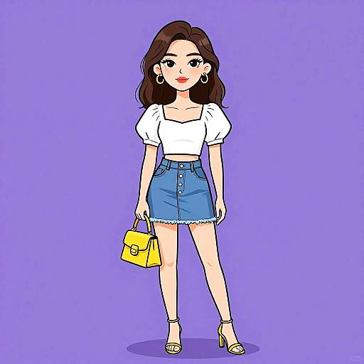 Digital illustration of a cute, fair-skinned woman with dark brown wavy hair, wearing a white crop top, blue denim skirt, yellow handbag