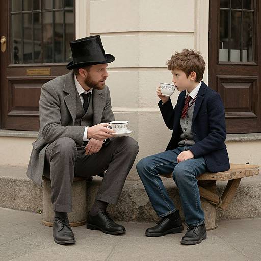 Photograph of a bearded man in a Victorian suit and top hat, seated on a stone stool, conversing with a young man in a modern