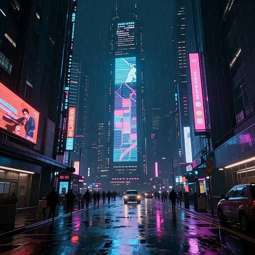 Neon-lit, rain-soaked urban street scene at night in a futuristic city, with tall skyscrapers, glowing digital billboards, and