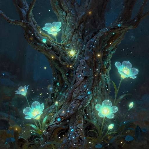 Digital artwork of a glowing, ethereal tree with luminescent blue flowers and bioluminescent fireflies, set against a dark, mystical night