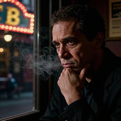 Photograph of a contemplative middle-aged man with dark hair, smoking, in a dimly lit window, neon 