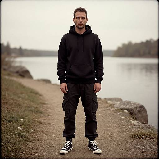 Photograph of a serious-looking man in a black hoodie, cargo pants, and black-and-white sneakers standing on a riverside path. Overcast sky