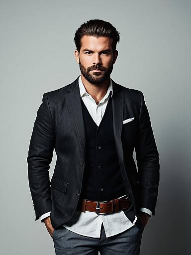 Photograph of a handsome, bearded man with dark hair, wearing a black suit, white shirt, black vest, and brown belt, standing against