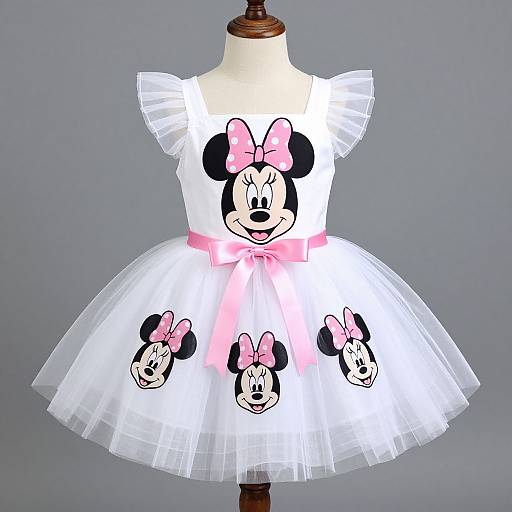 Photograph of a white, frilled Minnie Mouse dress on a mannequin, featuring a pink bow, Minnie's face on the bod