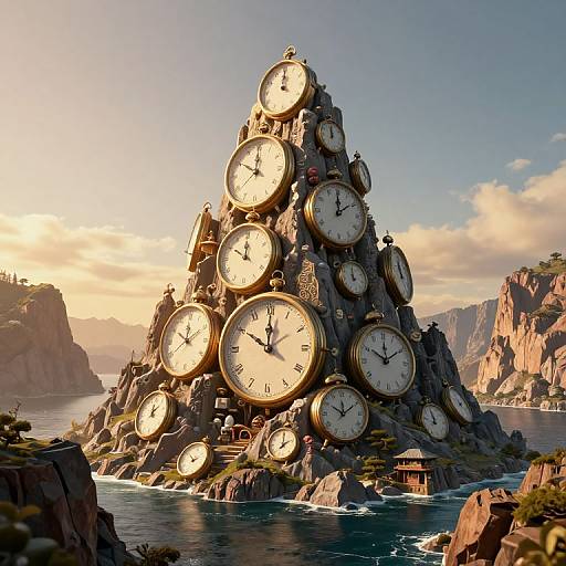 Surreal Cyberpunk Mountain of Clocks