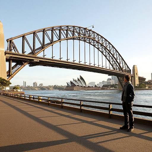 Photograph of a man in dark clothes standing on a waterfront path, gazing at the Sydney Harbour Bridge and Opera House under a clear blue sky.