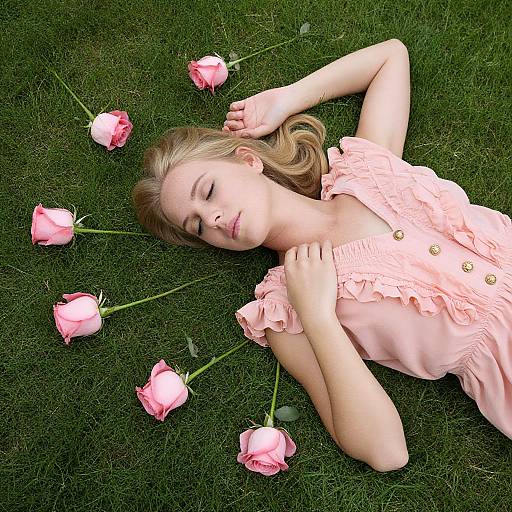 Blonde Woman on Green Grass with Roses