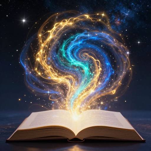 Photograph of an open book emitting swirling, glowing blue and golden magical energy against a starry night sky background.