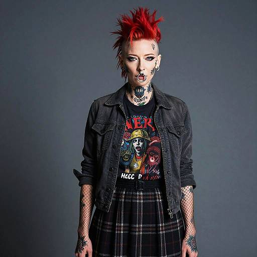 Photograph of a punk woman with red spiked hair, black denim jacket, 