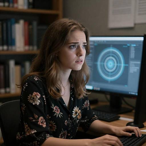 Intense Woman at Computer with Futuristic Screen
